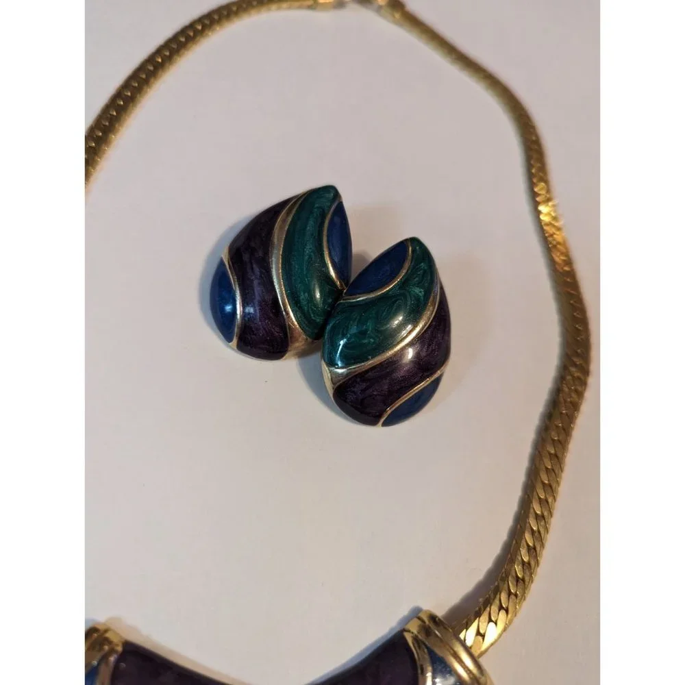 Necklace & Earring set Gold Tone‎ blue purple green herringbone style enameled